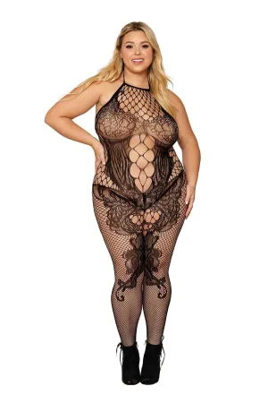 Seamless Baroque Lace and Fishnet Bodystocking with Open Crotch Curvy Size