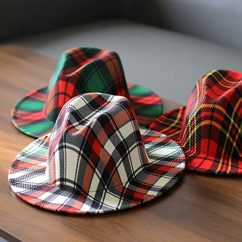Spring Wool Felt Fedora Hat Unisex Wide Brim Plaid Striped Hats Adult Fashion Trilby Hats Popular Headwear Blend Jazz Man&#39;s Cap