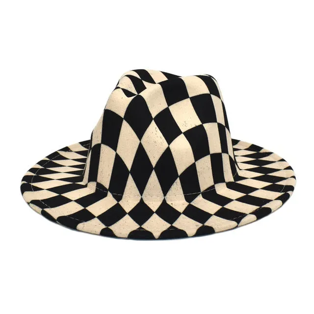 Spring Wool Felt Fedora Hat Unisex Wide Brim Plaid Striped Hats Adult Fashion Trilby Hats Popular Headwear Blend Jazz Man&#39;s Cap