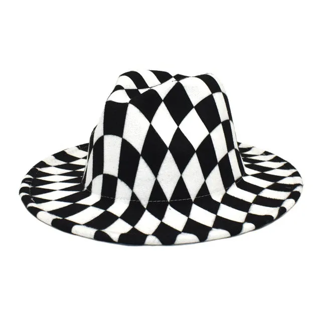 Spring Wool Felt Fedora Hat Unisex Wide Brim Plaid Striped Hats Adult Fashion Trilby Hats Popular Headwear Blend Jazz Man&#39;s Cap