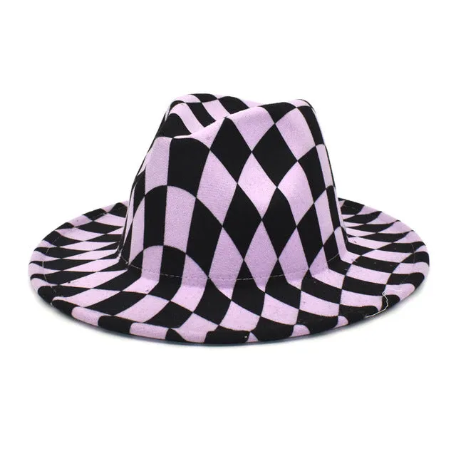 Spring Wool Felt Fedora Hat Unisex Wide Brim Plaid Striped Hats Adult Fashion Trilby Hats Popular Headwear Blend Jazz Man&#39;s Cap