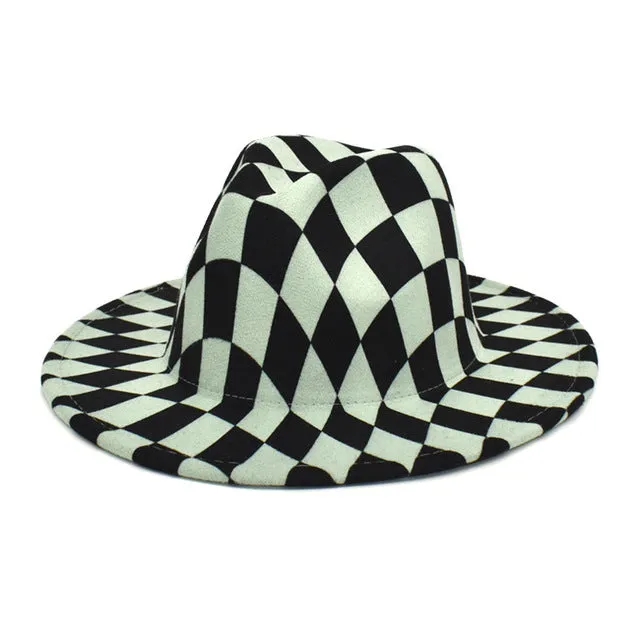 Spring Wool Felt Fedora Hat Unisex Wide Brim Plaid Striped Hats Adult Fashion Trilby Hats Popular Headwear Blend Jazz Man&#39;s Cap