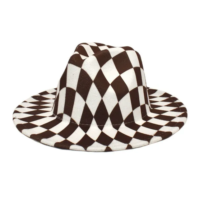 Spring Wool Felt Fedora Hat Unisex Wide Brim Plaid Striped Hats Adult Fashion Trilby Hats Popular Headwear Blend Jazz Man&#39;s Cap