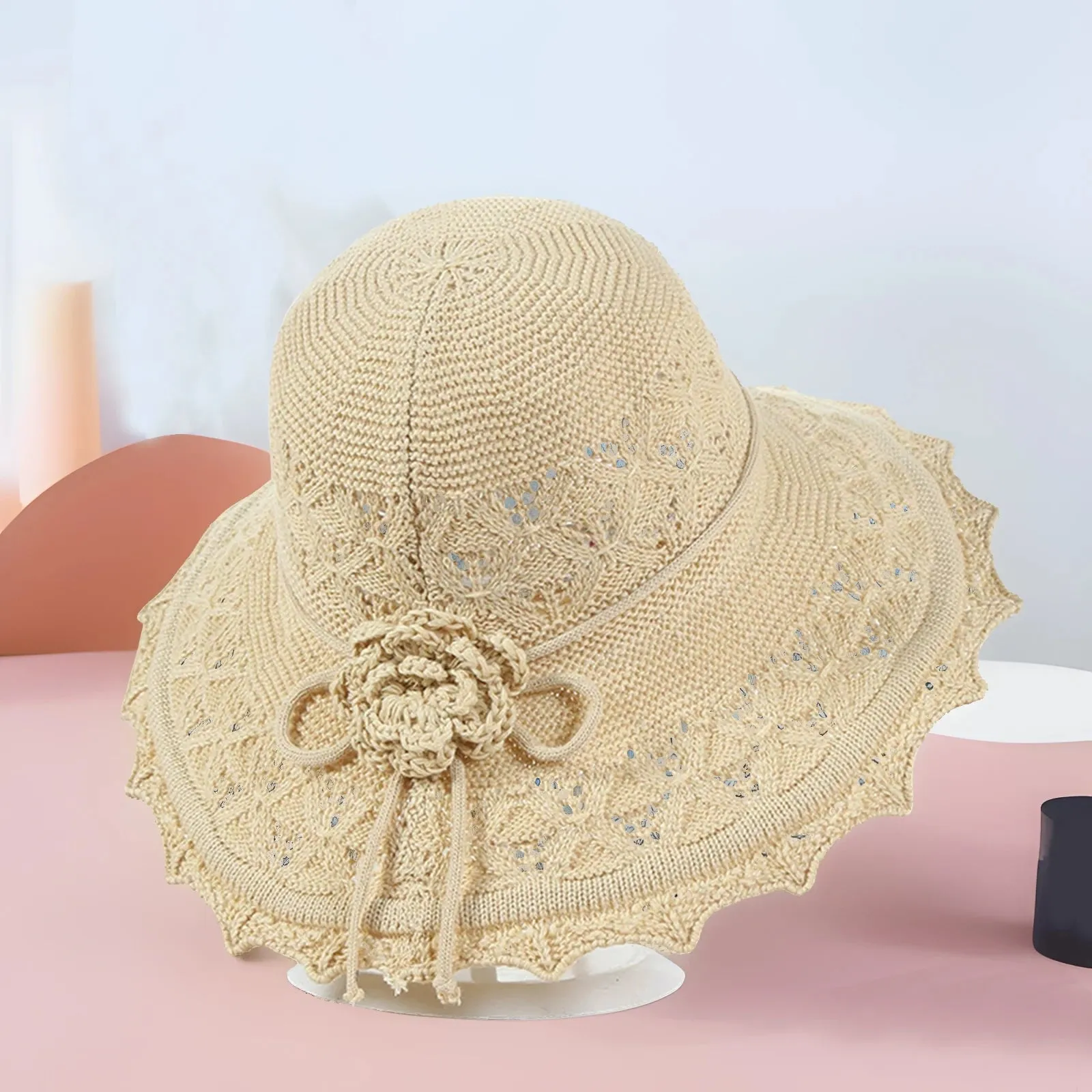 Summer Crochet Straw Hat for Women Beach Hat Flower Wide Brim Beach Sun Hat Female Panama Straw Hat Lightweight Floppy Hat