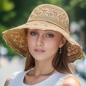 Summer Crochet Straw Hat for Women Beach Hat Flower Wide Brim Beach Sun Hat Female Panama Straw Hat Lightweight Floppy Hat
