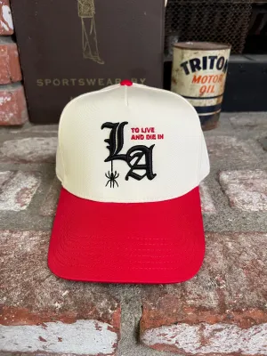 To live and Die in LA 5 Panel Snap Back Cap in Natural/Red