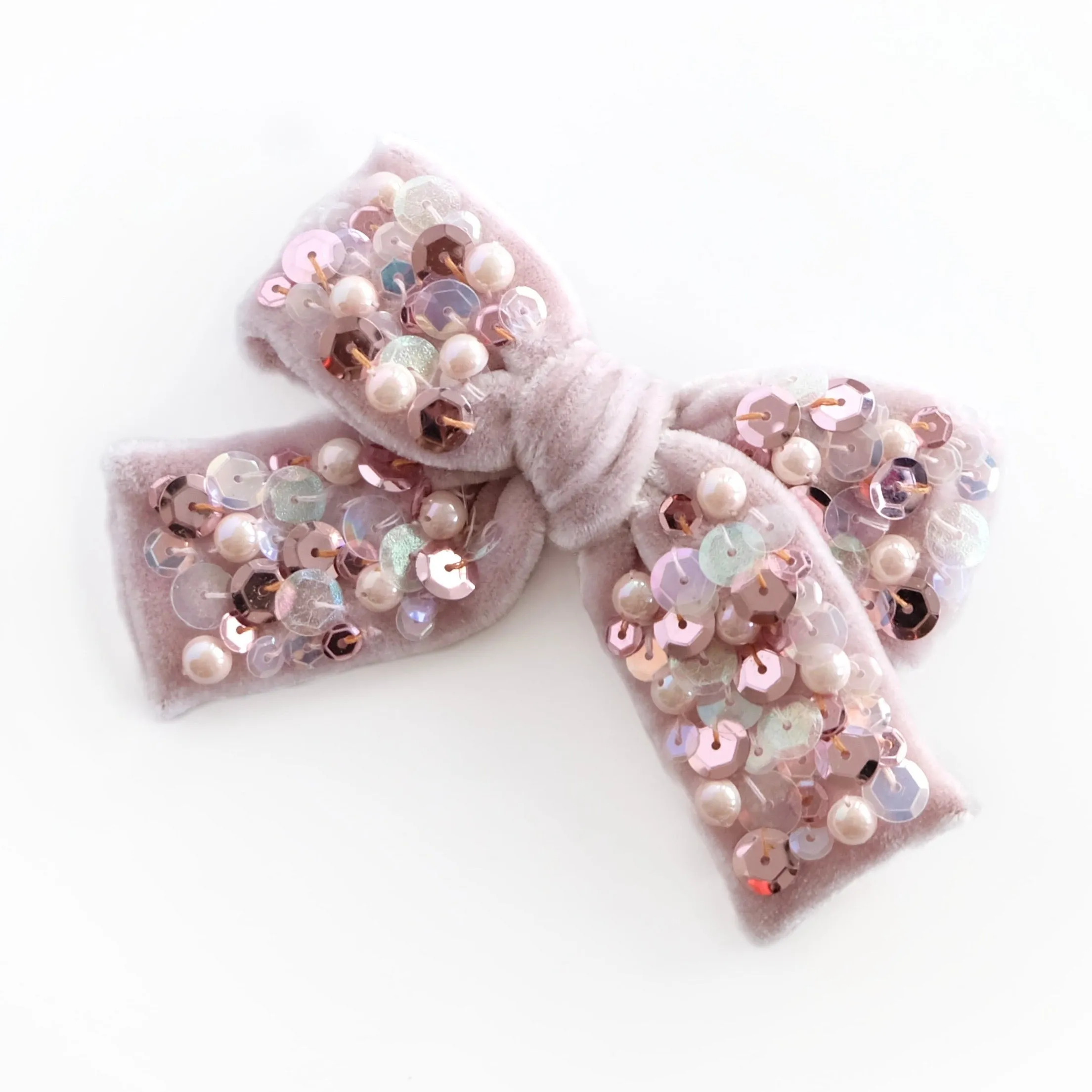 Velvet Hair Bow with Pear Beads and Sequins - Light Rose