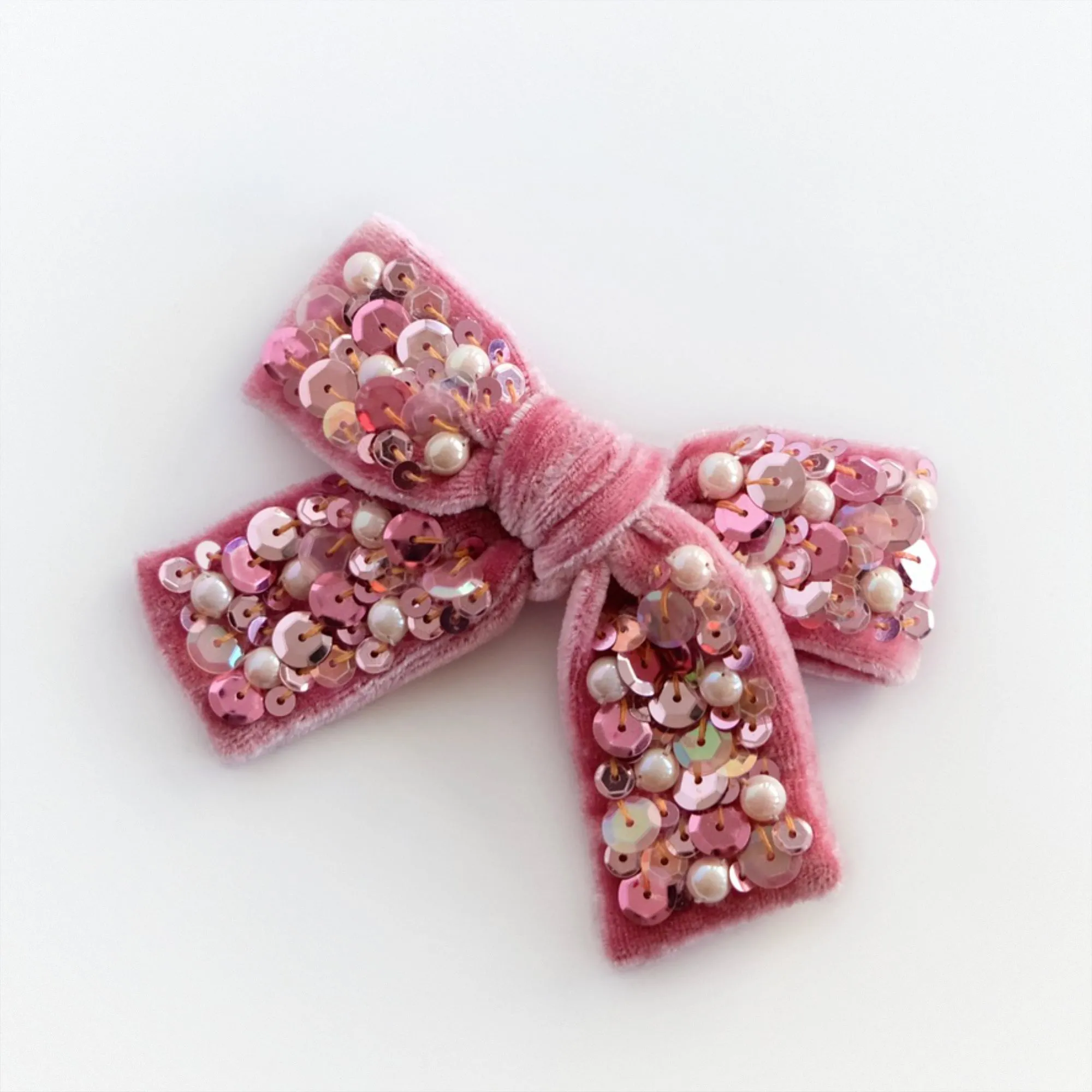 Velvet Hair Bow with Pear Beads and Sequins - Raspberry