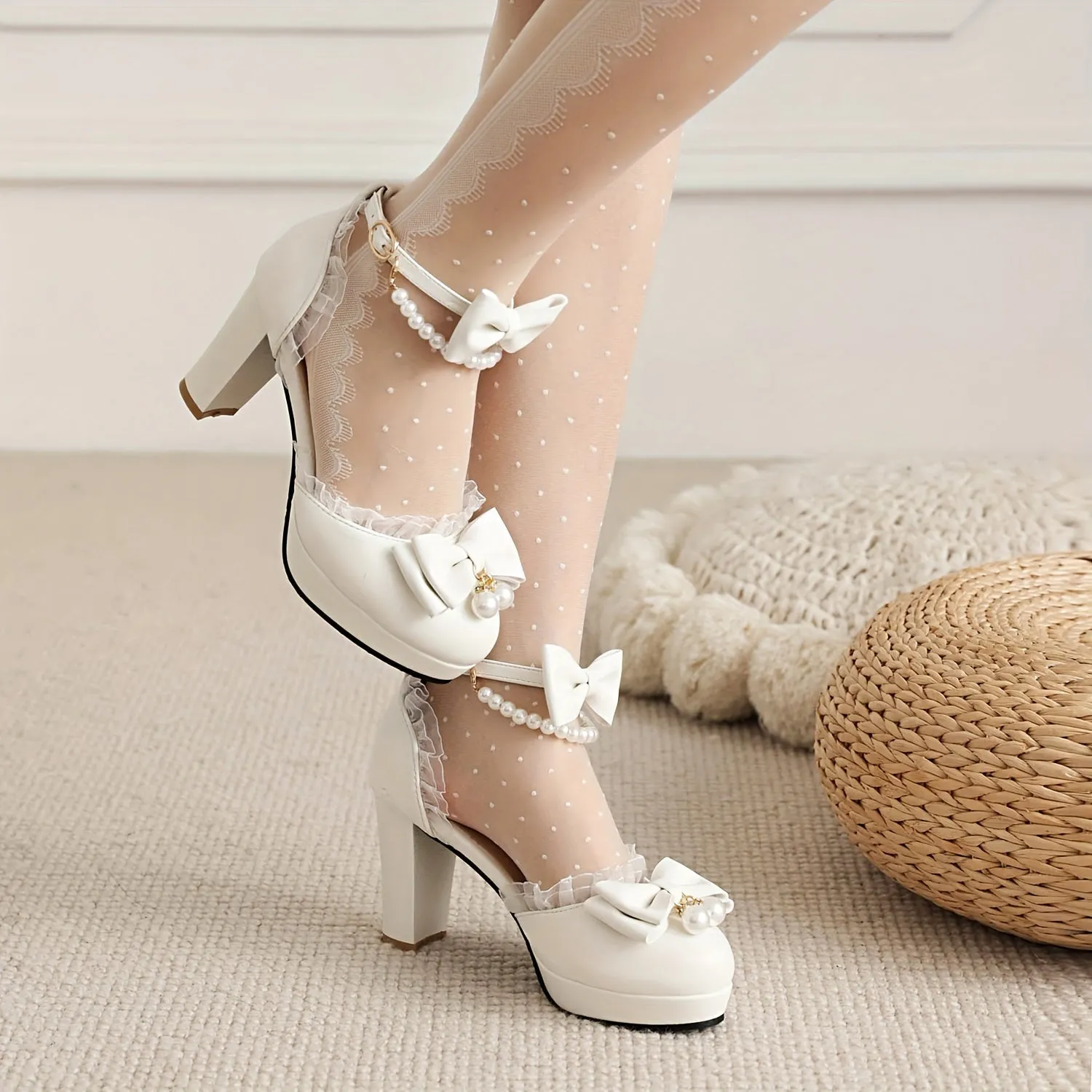 VougeVamp Lace Trim Bow High Heels – Elegant Faux Pearl Ankle Strap D'Orsay Pumps