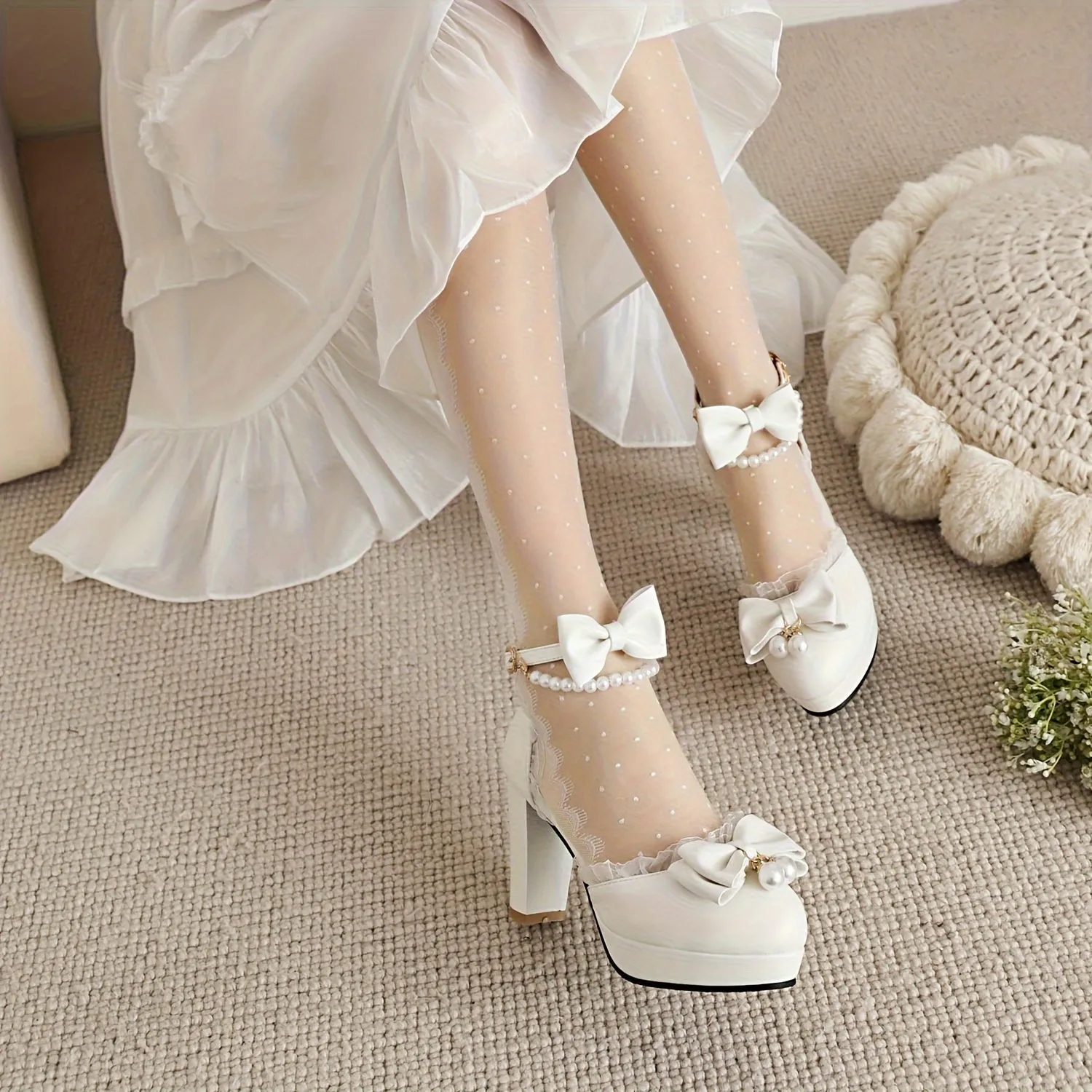 VougeVamp Lace Trim Bow High Heels – Elegant Faux Pearl Ankle Strap D'Orsay Pumps