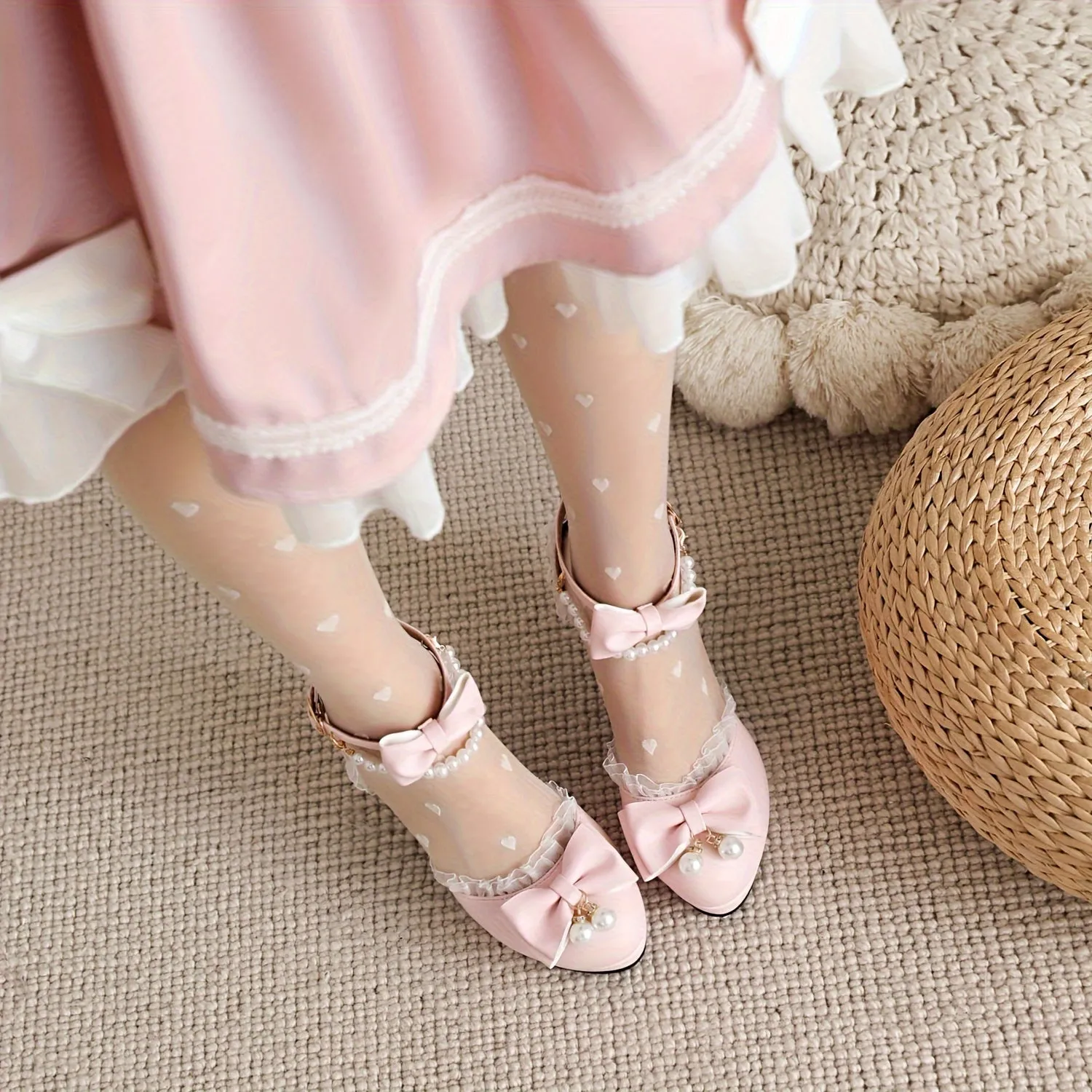 VougeVamp Lace Trim Bow High Heels – Elegant Faux Pearl Ankle Strap D'Orsay Pumps