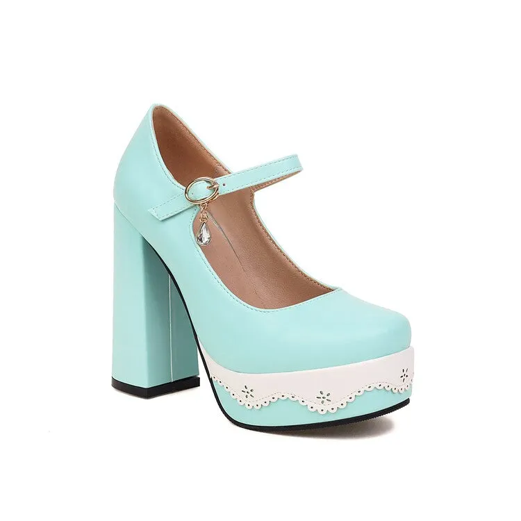 Women's Candy Color Mary Janes Block Heel Platform Pumps