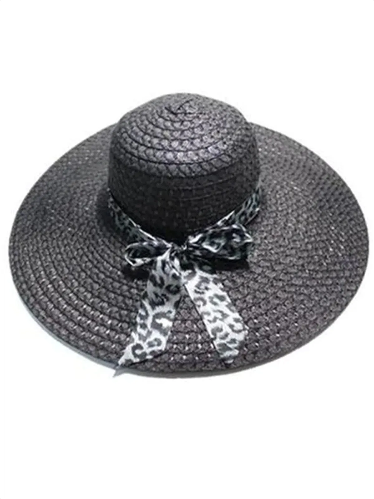 Women's Wide Brim Straw Hat With Leopard Print Ribbon
