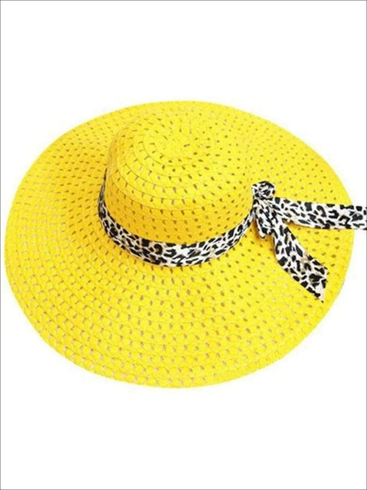 Women's Wide Brim Straw Hat With Leopard Print Ribbon