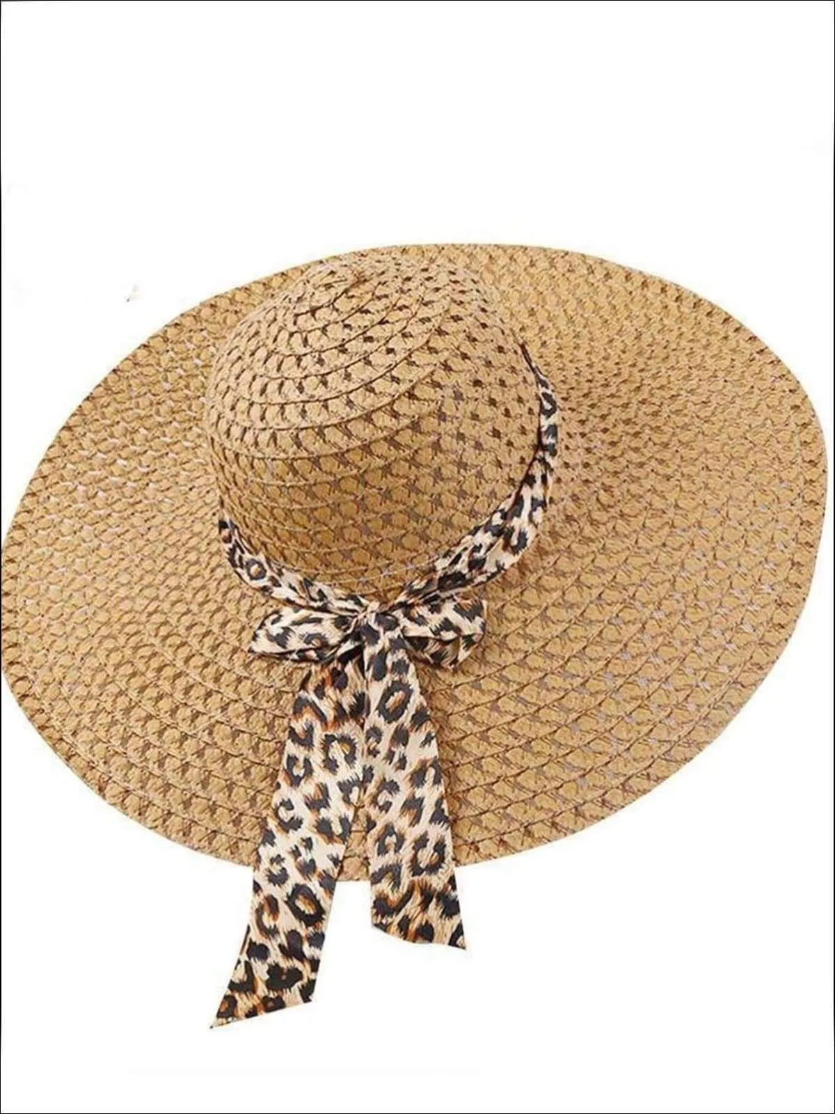 Women's Wide Brim Straw Hat With Leopard Print Ribbon