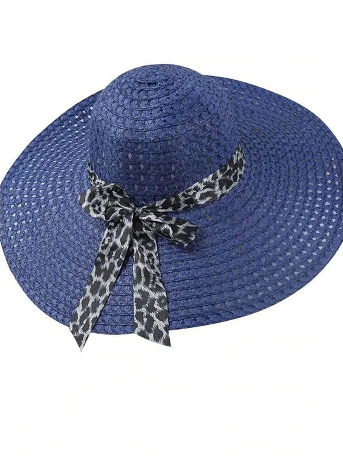 Women's Wide Brim Straw Hat With Leopard Print Ribbon