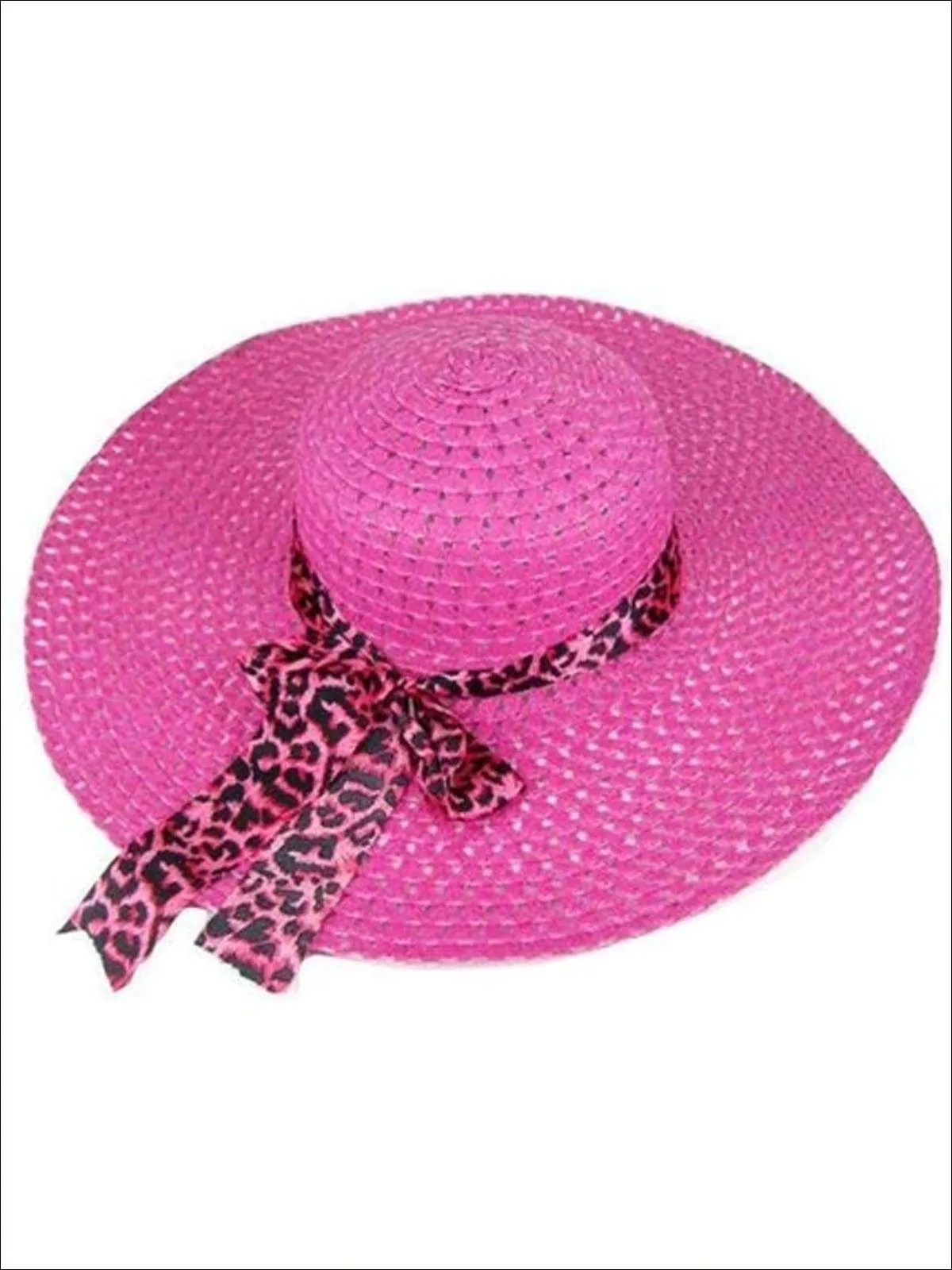 Women's Wide Brim Straw Hat With Leopard Print Ribbon
