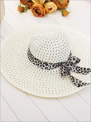 Women's Wide Brim Straw Hat With Leopard Print Ribbon