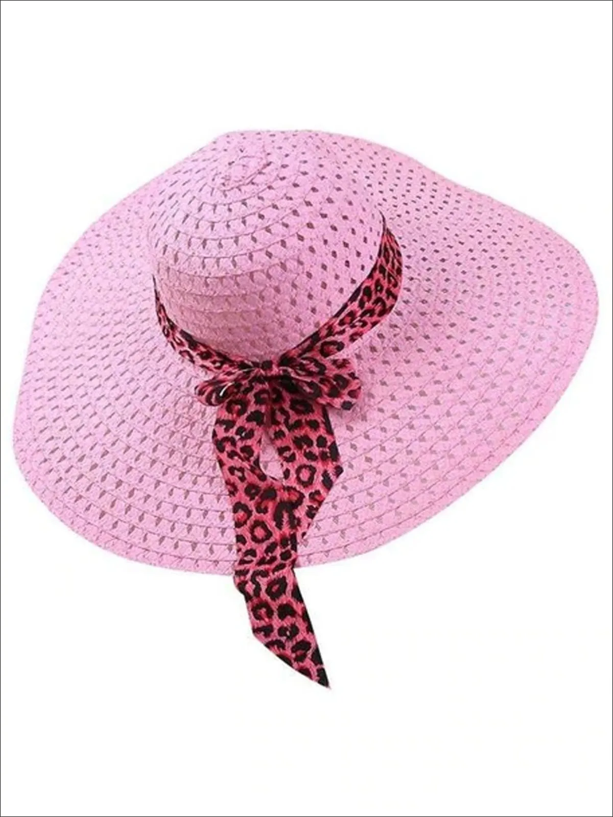 Women's Wide Brim Straw Hat With Leopard Print Ribbon