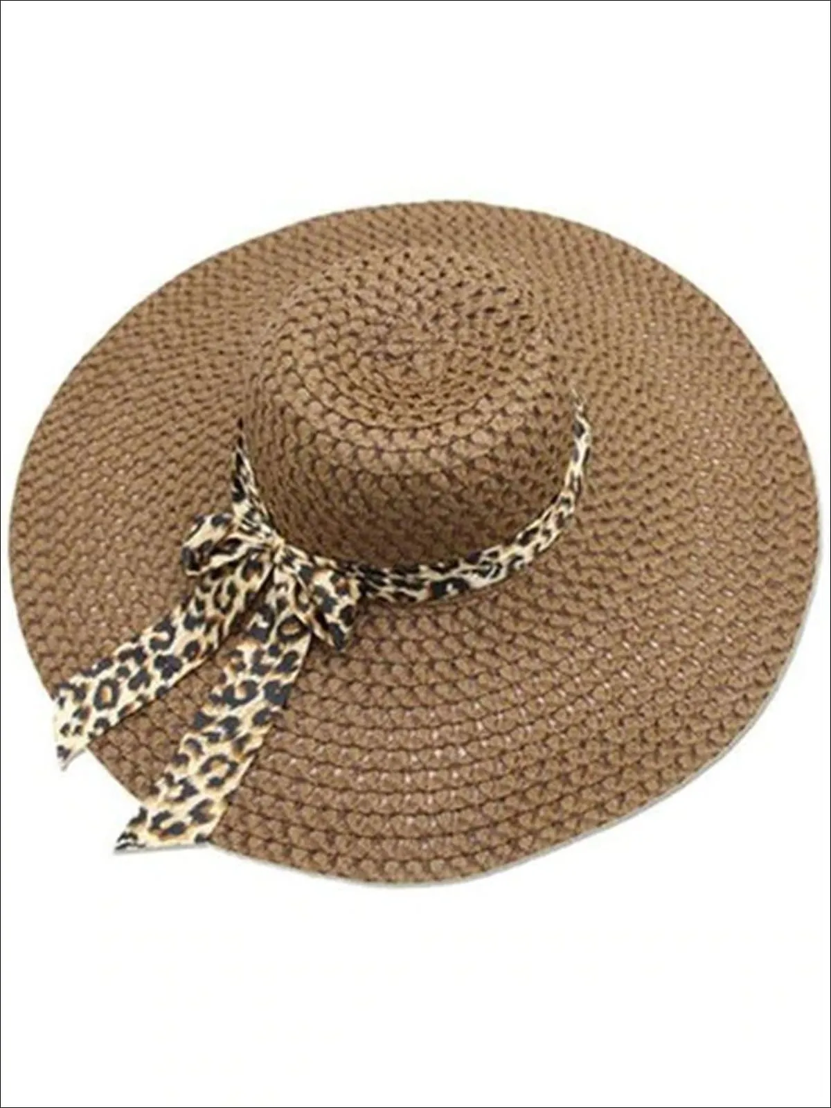 Women's Wide Brim Straw Hat With Leopard Print Ribbon