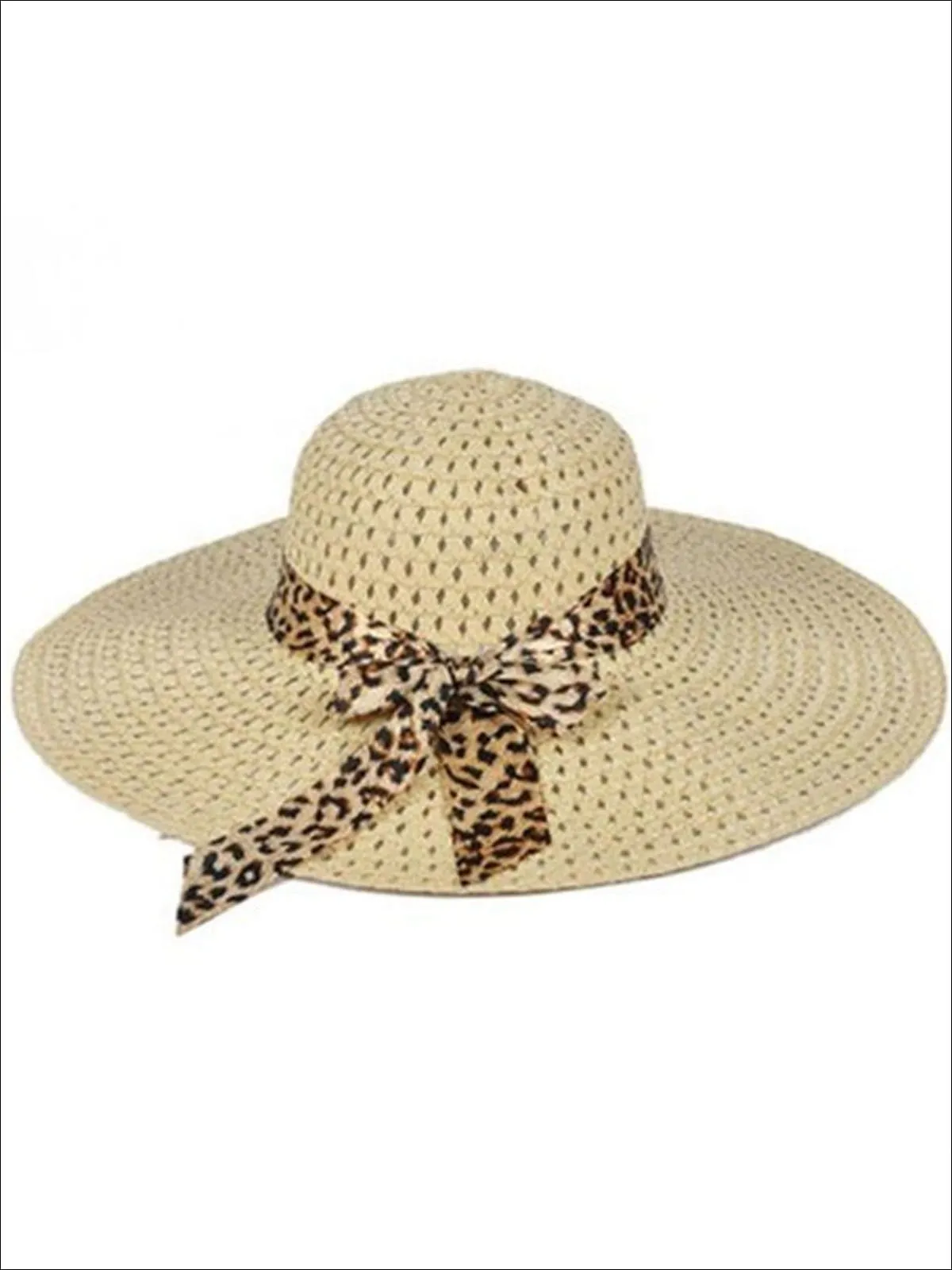 Women's Wide Brim Straw Hat With Leopard Print Ribbon